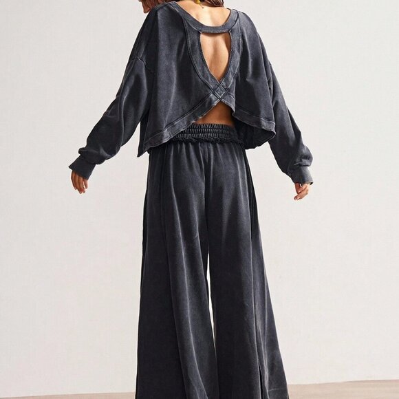 Black Casual Women's Washed Knit Long Sleeve Loose Backless Sweatshirt & pants